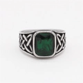 Vintage Viking Celtic knot ring in silver finish with a green rectangular gemstone - Steel Green Stone