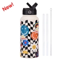 1L vacuum insulated water bottle set with black and white checkerboard smiley pattern - Ivory White 23M