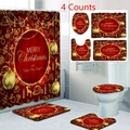 Detailed 4-piece Christmas bathroom set with red reindeer shower curtain and bath mats - Red with Reindeer & Stars Pattern (24-4) / 3-Piece Bath Mat Set
