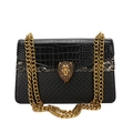 Black crocodile texture crossbody bag with gold lion head buckle and chunky metal chain - Black