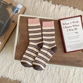 Calcetines de algodón a rayas en marrón y crema con puños rosa para mujer - Talla única / Media pantorrilla/Rayas / Rayas Rosas