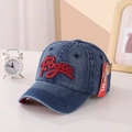 Kids denim baseball cap in dark blue featuring red 3D embroidered Pogue lettering - 50-54CM, Adjustable / Wine Red Letters