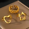 Three-piece set of 18k gold-plated stainless steel rings with heart and star designs - Three-Piece Set / Gold
