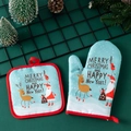 Detailed view of Christmas oven mitt and pot holder set with Santa and reindeer patterns - Donkey