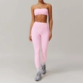 Pink two-piece yoga set with high-waist leggings and crop top sports bra - S / Cherry Pink Bandeau+Pants