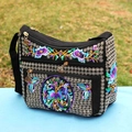 Ethnic embroidery black canvas crossbody bag with multi-layer floral pattern designs - Purple Floral Coin