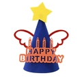 Blue felt Happy Birthday hat with yellow star, red wings, and candle design - Angel Birthday Hat - Royal Blue