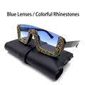 Black half-frame oversized sunglasses with blue gradient lenses and colorful rhinestones - Blue Lens Mix-color Rhinestone