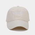 Detailed view of 3D gothic babygirl embroidery on beige cotton baseball cap - Beige