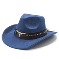 Detail eines blauen Wildleder-Cowboyhuts mit nietenbesetztem Band und Stierkopf - M (56-58cm) / Navyblau Wildlederoptik