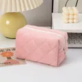 Pink quilted floral cosmetic bag in soft fabric with rhombus stitching and zipper - Corduroy Pink