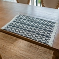 Nordic woven place mat with black and white geometric chain pattern and white fringes - Black Geometric