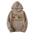 Brown Christmas hoodie featuring merry goosmas ducks print in a flat lay view - Camel