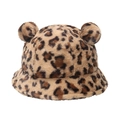 Plush leopard print bucket hat with bear ears made of warm faux rabbit fur for women - Leopard Print