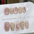 Handmade pink cat eye press-on nails with luxury opal rhinestones and glitter short square oval - XS / Jasmine Tea Ultra Short Trapezoid