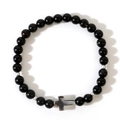 Gothic matte black agate beaded bracelet with silver cross pendant on white background - Black Frosted Agate Cross Style (B-B24071926A)