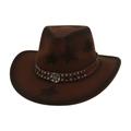 Brown western cowboy hat with star prints and vintage studded leather band on white background - Coffee