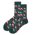 Green Christmas cotton socks featuring red holiday truck design and snowflakes - 38-46 / Dark Green Christmas Car