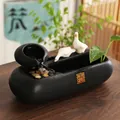 Zen ceramic flowing water desktop fountain with white duck and lucky charm plaque - Lucky Wealth - Long Black Style
