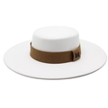 Classic white flat top boater hat with a brown decorative band and metal M emblem - M (56-58cm) / White