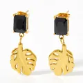 Orecchini a foglia Monstera dorata con pietra nera rettangolare e finitura opaca - Oro Zirconia Nero