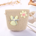 Mini beige woven bucket bag for girls with green bunny and floral patch decorations - Little Rabbit / Beige