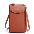 Brown faux leather crossbody phone bag with front flap and Forever Lovely lettering - Brown