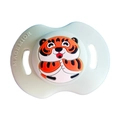 Green silicone baby pacifier with cute cartoon tiger motif and breathable vents - Tiger Pacifier / Green