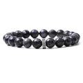 Macro detail of natural dark grey stone beads with textured silver metal charm spacer - Black Spectrolite
