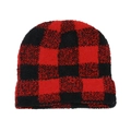Classic red and black checkerboard knit beanie with warm plush texture for winter - M (56-58cm) / Red