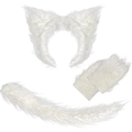 White faux fur wolf ears headband, fingerless gloves, and fluffy tail set for Halloween - White Wolf 3-Piece Set (Buckle Tail)