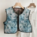 Detailed view of teal floral jacquard vest with black woven trim and V-neckline - Style 8 Gold Embroidery - Ice Chrysanthemum - Jacquard Blue-Green Floral