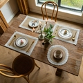 Close-up of jute place mats with elegant white lace edges for rustic table decor - 38cm Round / Wide Lace Edge