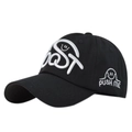 Close-up of side embroidery with Push Me text and smiley face on black baseball cap - Adjustable / Black