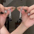 Detail of silver long drop earrings with clear crystals and black gemstones for formal events - Silver Black Gem Long Dangle Style (S925 Silver Needle)
