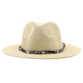 Straw fedora sun hat for outdoor beach trips with beaded dark brown decorative band - Beige