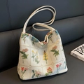 Beige Canvas-Tragetasche mit lebhafter Blumenstickerei und entspanntem Sommer-Beutel-Stil - Weiß