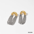 Exaggerated gold half-round stud earrings with silver chain tassels in stainless steel - Gold and Silver Two-tone