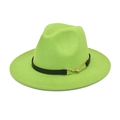 Detail of neon green wool fedora with a black leather band and gold buckle accent - Fruit Green