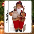 Figurine détaillée du Père Noël assis de 33cm en carreaux rouges avec sac en toile et cadeaux - Père Noël Tenant un Arbre (Carreaux Rouge-Brun)