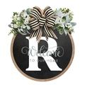 Detail of wooden farmhouse wreath sign with letter R, bow and greenery decor - Small / Letter R