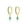 Detailed macro view of S925 sterling silver hoop earrings with green pear-cut gemstones - Gold-Green Zirconia