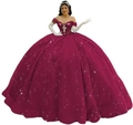 Deep red off-shoulder ball gown with sequined mesh skirt and exquisite beadwork embroidery - Wine Red with Train