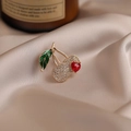 Elegant gold cherry brooch with red heart gemstone and white diamonds on silk - 518# Cherry