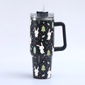 Detail of 40oz stainless steel mug with Christmas rabbit and tree pattern printing - Black with White Rabbit and Holly
