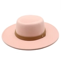 Detail of pink wool felt flat top hat with brown leather band and gold metal rivet - M (56-58cm) / Warm Pink