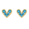 Mini heart stud earrings in gold with turquoise stones and beaded texture - Blue Turquoise
