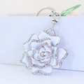 Sparkling rhinestone rose flower keychain with silver metal ring for women handbags - White