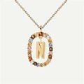 18K gold letter N necklace featuring a colorful zircon inlaid oval pendant and chain - Gold N