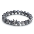 Beaded natural stone bracelet featuring grey labradorite beads and a silver wolf head charm - Grey Labradorite (KB70697-BD) / 10mm